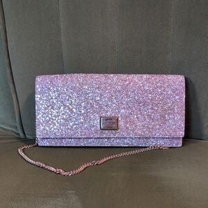 Jimmy Choo Lilia Pink Glitter Clutch with Gold Shoulder Strap